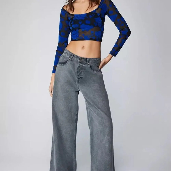 New Nasty Gal Floral Flocked Mesh Cut Out High Neck Top - Picture 3 of 7